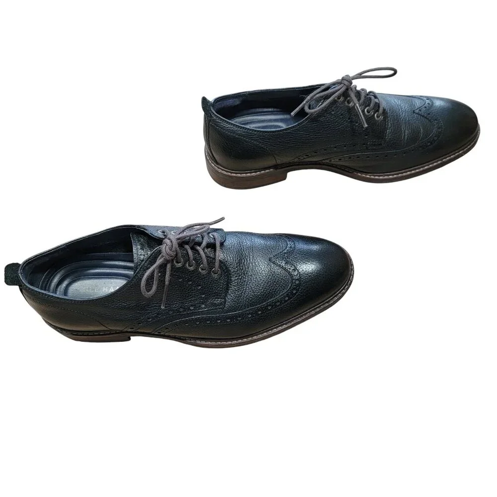 Cole Haan Grand OS Size 8 1/2 Black Leather Wingtip Oxford Shoes, Lace Tie
